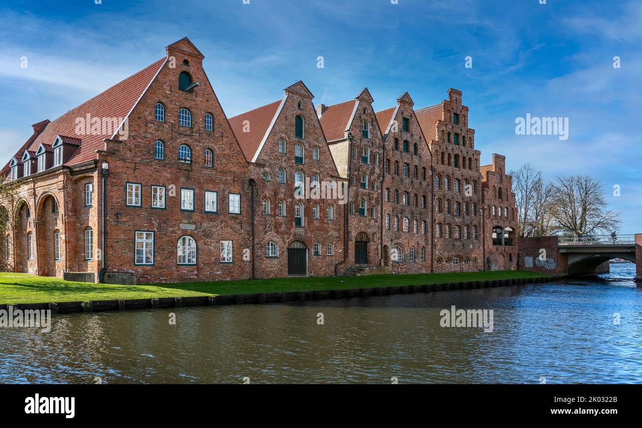 The salt warehouses are a group of warehouses on Lübeck's Obertrave right next to the Holsten Gate. They were built in the brick Renaissance style. Stock Photo
