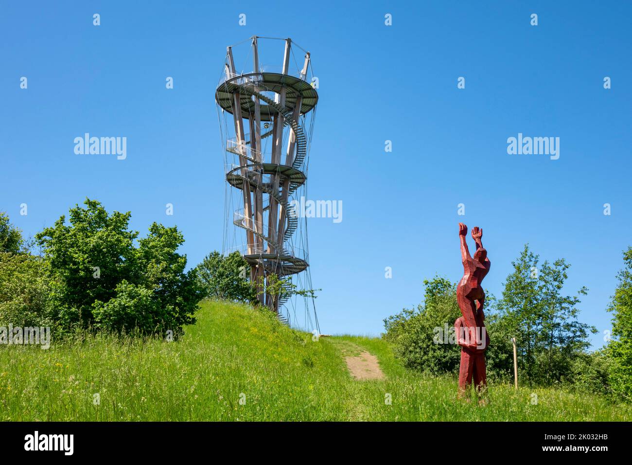 Germany, Baden-Württemberg, Herrenberg, if you climb the Schönbuchturm in Schönbuch near Herrenberg, which was opened in June 2018, up to the third platform, you will have a great 360° panoramic view. The tower stands on the 580 m high Stellberg in the Schönbch Nature Park. The wooden-steel construction is 35m high. The viewing platforms, which are located at 10m, 20m and 30m, can be reached via a spiral staircase with about 170 steps. Stock Photo
