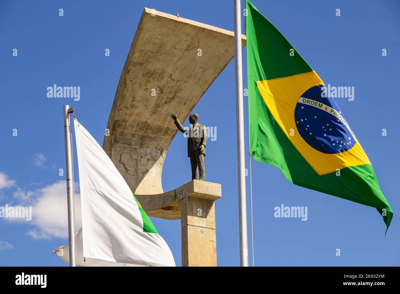 Brasília, Federal District, Brazil – July 23, 2022: Detail of the monument and flags in front of the JK Memorial, project by Oscar Niemeyer. Stock Photo