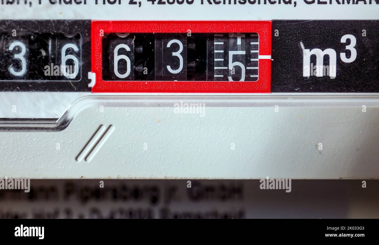 gas meter in the boiler room of a residential building. Stock Photo