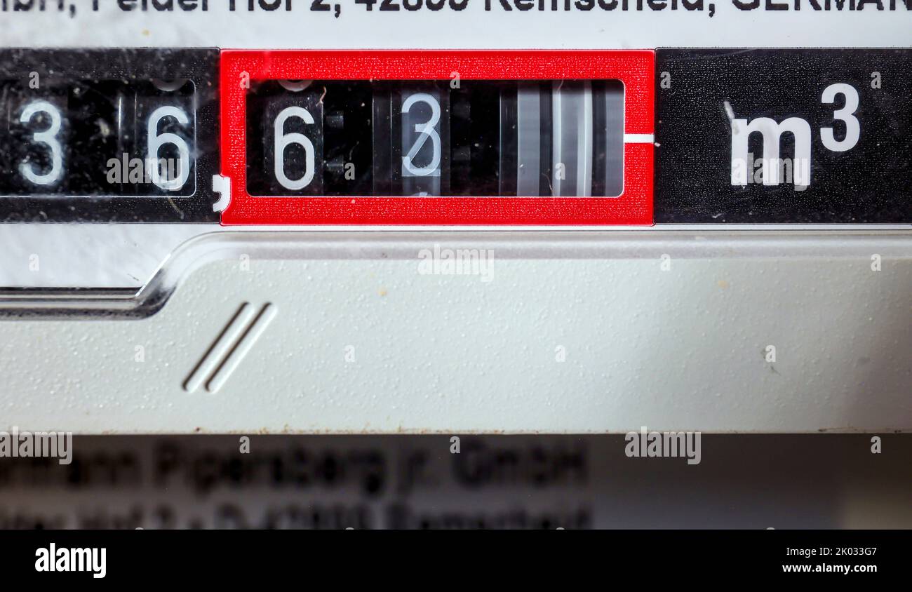 gas meter in the boiler room of a residential building. Stock Photo