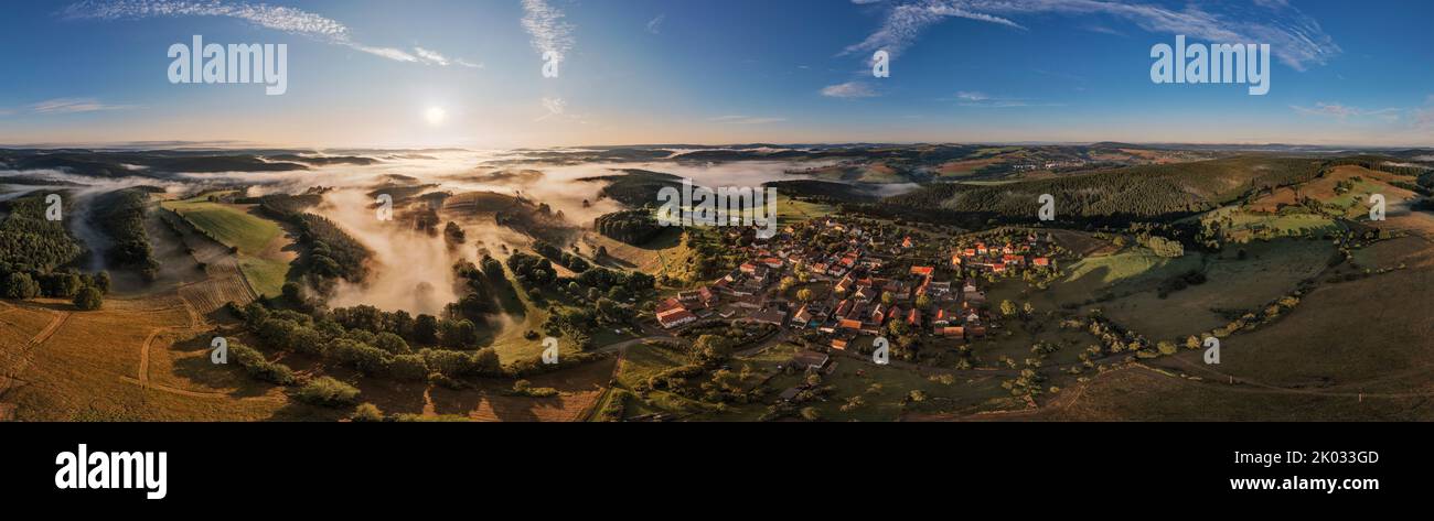 Germany, Thuringia, Königsee, Horba, village, overview, mountains, valleys, valley fog, sea of fog, sun, aerial photo, partly backlight, 360° panorama Stock Photo