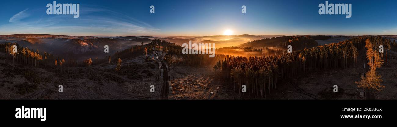 Germany, Thuringia, Großbreitenbach, Wildenspring, landscape, Schwarza valley fog, sunrise, backlight, aerial photo Stock Photo