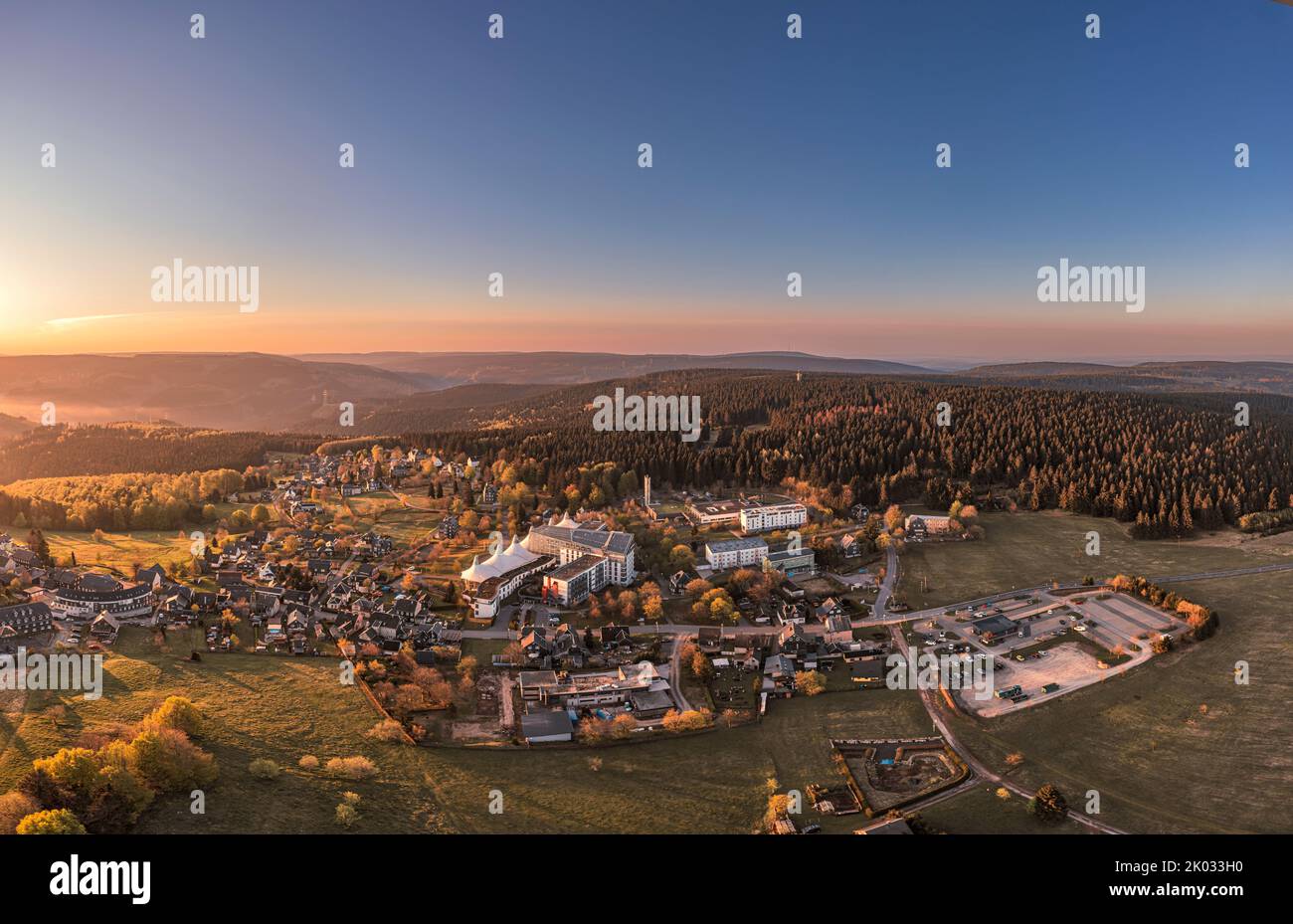 Germany, Thuringia, Masserberg, Rennsteig, village, Regiomed rehab clinic, mountains, forest, overview, aerial view Stock Photo