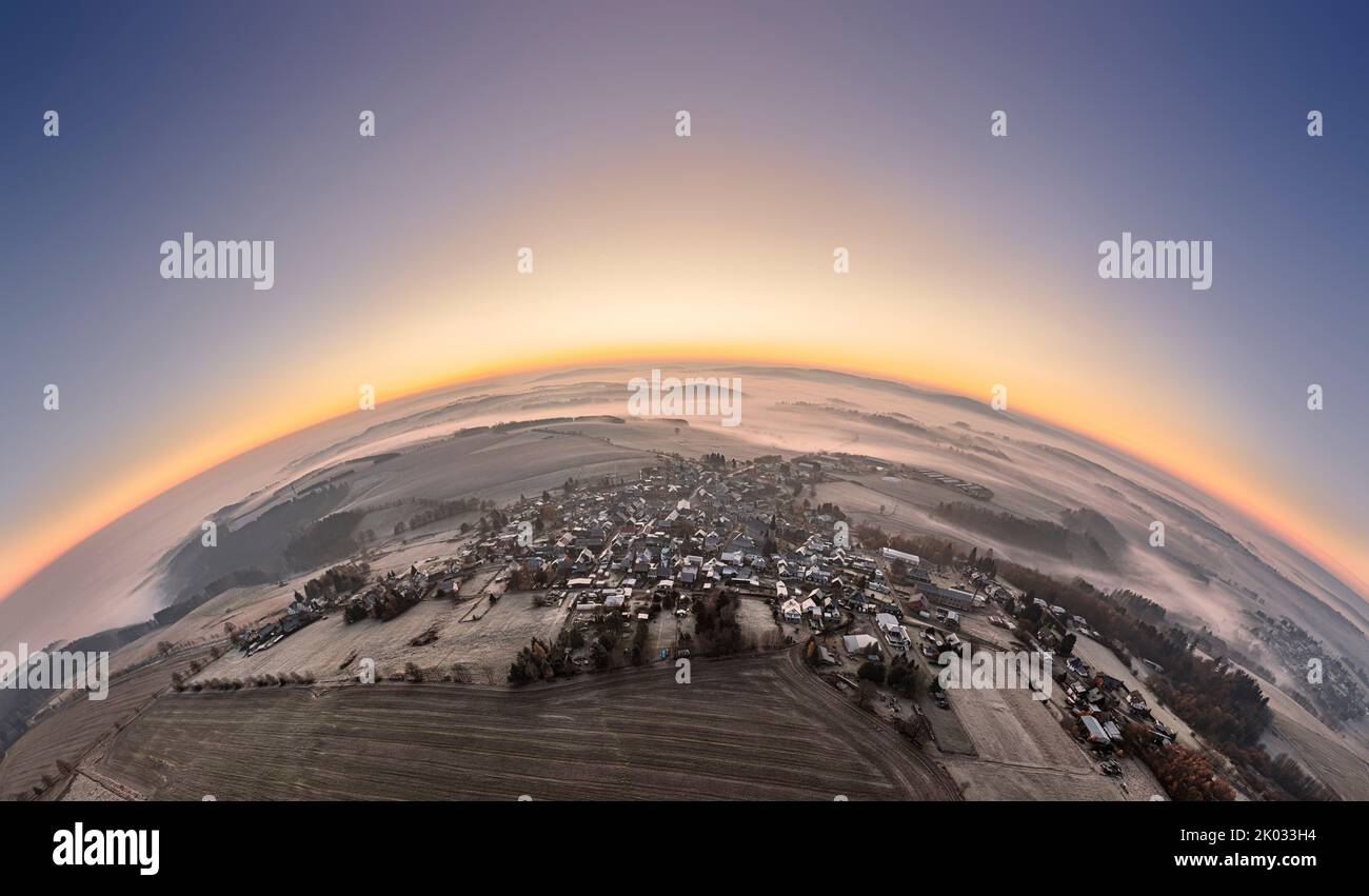 Germany, Thuringia, Großbreitenbach, Herschdorf, village, landscape, fog fields, dawn, partly backlight, hemisphere panorama Stock Photo