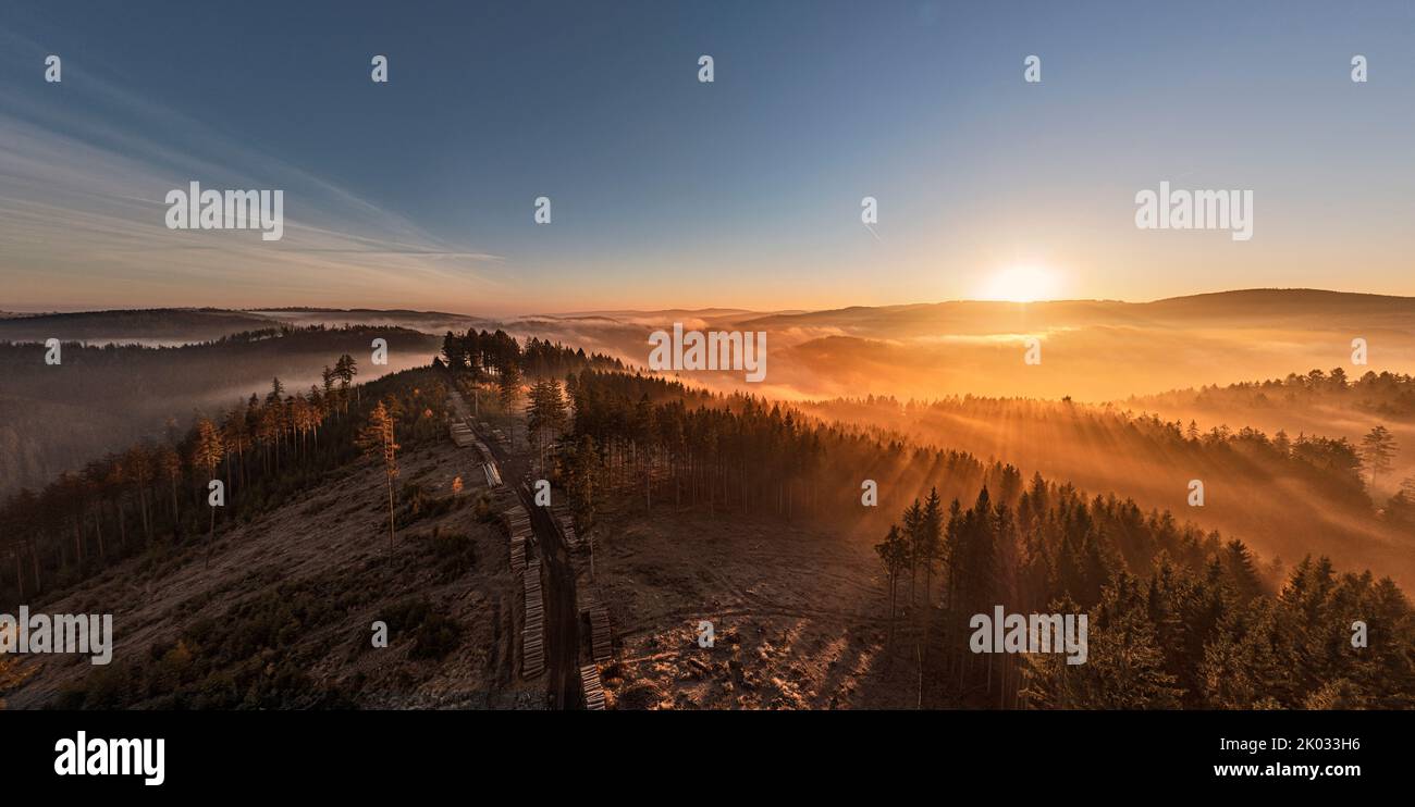 Germany, Thuringia, Großbreitenbach, Wildenspring, landscape, Schwarza valley fog, sunrise, backlight, aerial photo Stock Photo