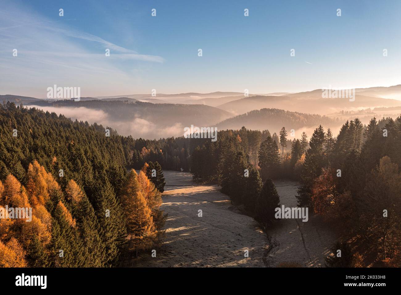 Germany, Thuringia, Großbreitenbach, Wildenspring, landscape, meadow, forest, mountains, valleys, Schwarza valley fog, Silhoeutten, side light Stock Photo