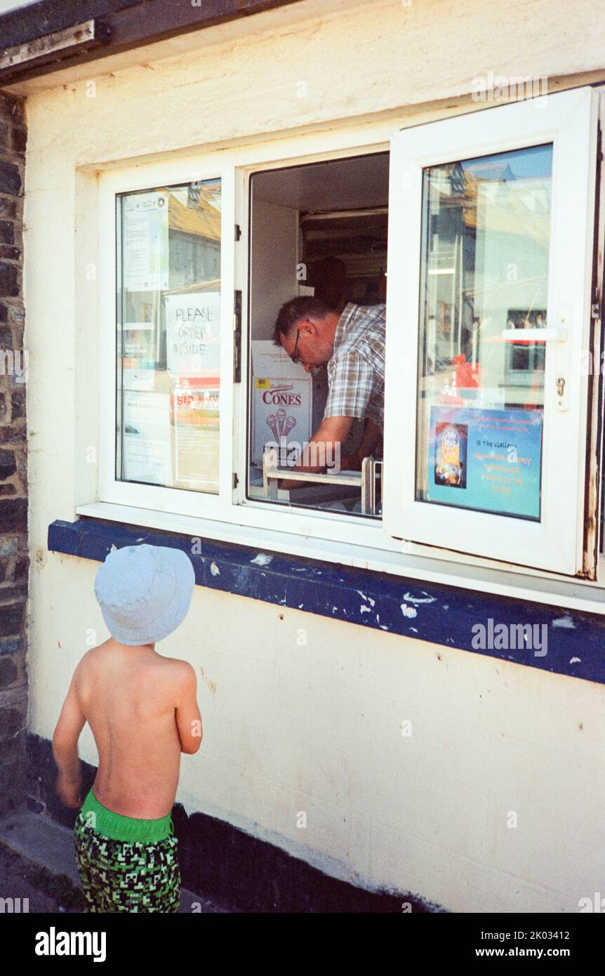 Hope Cove post office ice cream kiosk window, Kingsbridge, South Devon, England, United Kingdom
