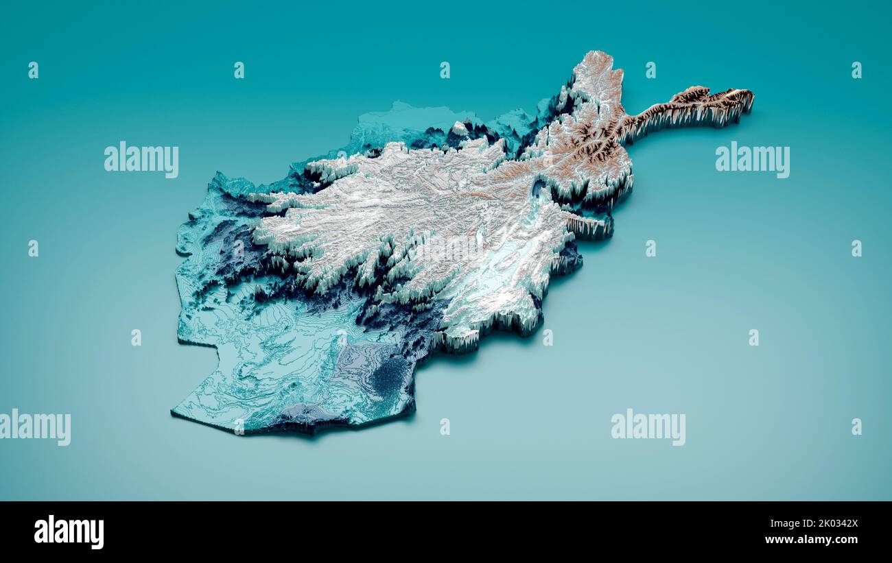 A 3D rendering of the Afghanistan topographic map on a blue background ...