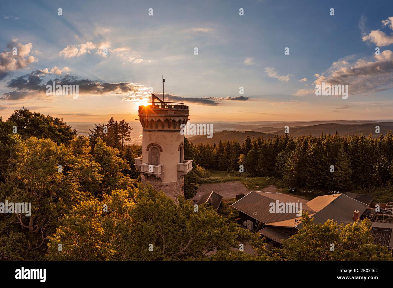 Germany, Thuringia, Ilmenau, Kickelhahn, observation tower, forest, mountains, sunrise, back light Stock Photo