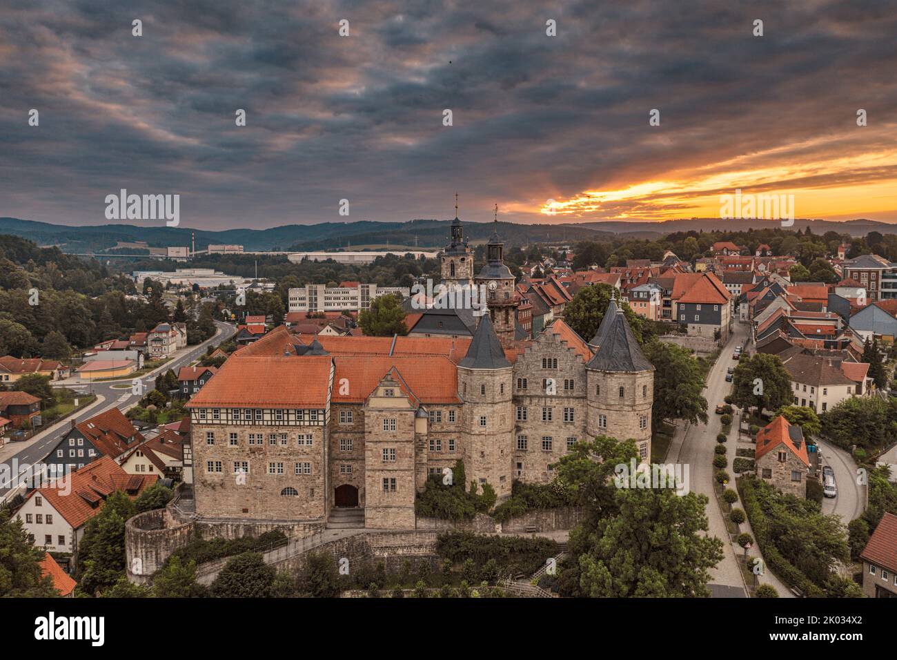 Germany, Thuringia, Schleusingen, Bertholdsburg Castle (Natural History Museum), dawn, back light Stock Photo