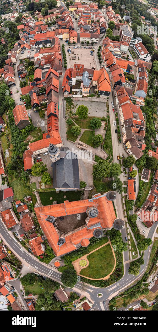 Germany, Thuringia, Schleusingen, Bertholdsburg Castle (Natural History Museum), St. John's Church, city center, top and overview, city center, aerial view Stock Photo