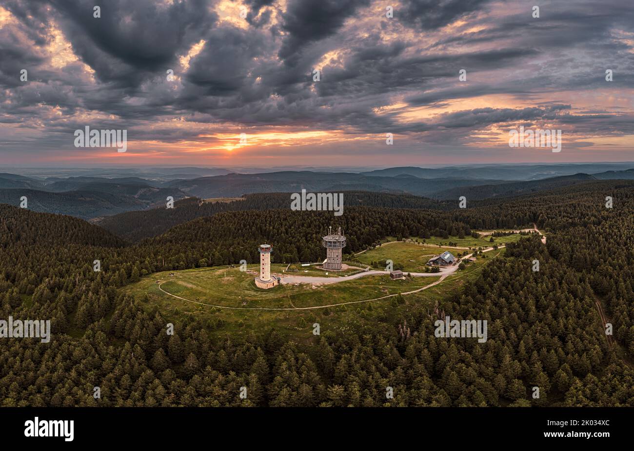 Germany, Thuringia, Suhl, Gehlberg, Schneekopf (second highest mountain of Thuringian Forest), observation and climbing tower, telecommunications tower, restaurant, forest, mountains, sun, backlight, overview, aerial photo Stock Photo