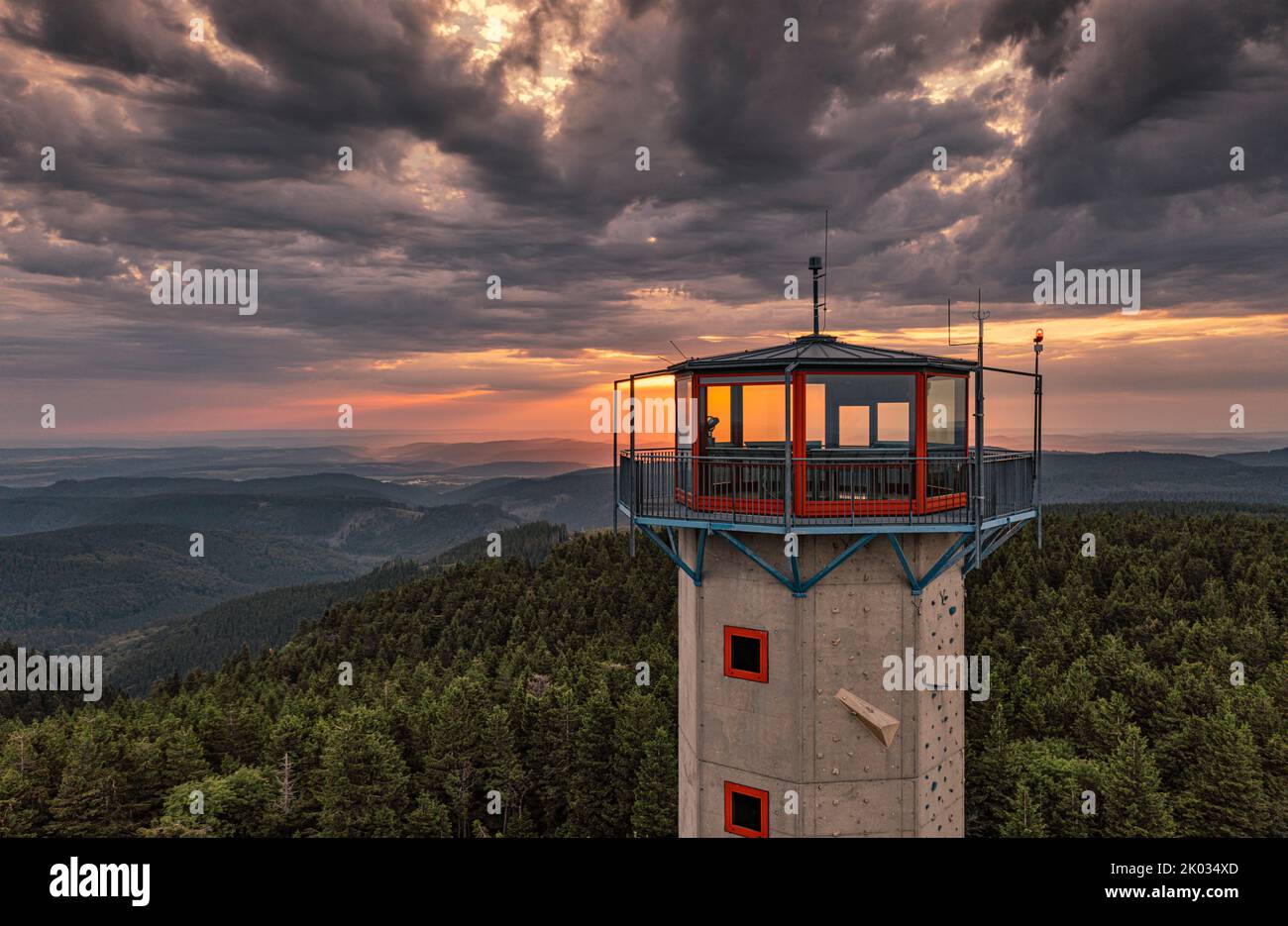 Germany, Thuringia, Suhl, Gehlberg, Schneekopf (second highest mountain of Thuringian Forest), lookout and climbing tower, forest, mountains, back light Stock Photo