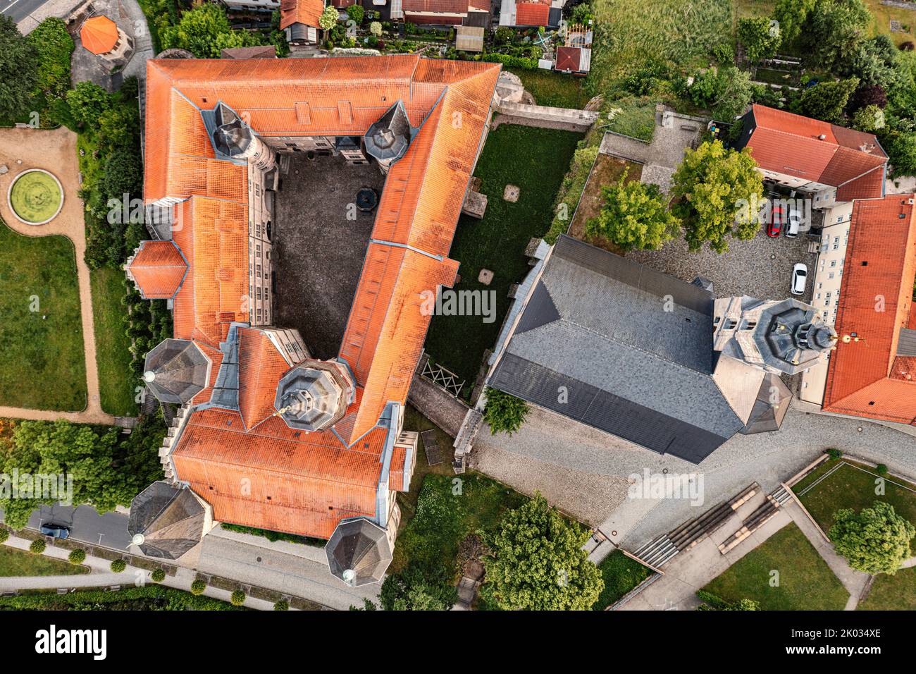 Germany, Thuringia, Schleusingen, Bertholdsburg Castle (Natural History Museum), town church St. Johannis, top view, aerial view Stock Photo