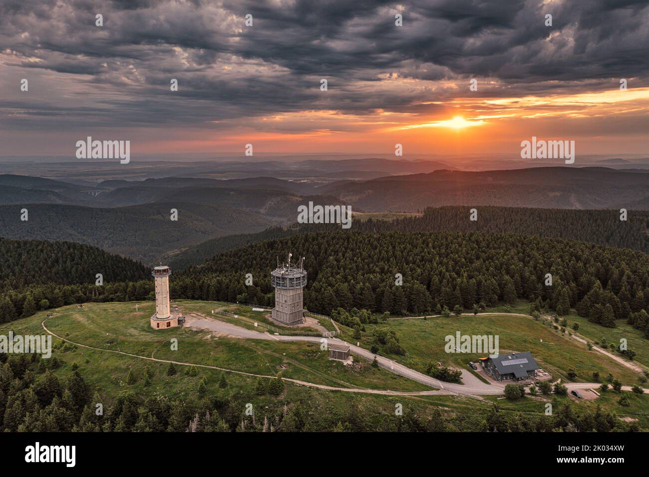 Germany, Thuringia, Suhl, Gehlberg, Schneekopf (second highest mountain of Thuringian Forest), observation and climbing tower, telecommunication tower, hut, forest, mountains, overview, aerial photo Stock Photo