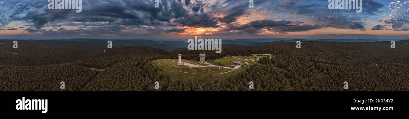 Germany, Thuringia, Suhl, Gehlberg, Schneekopf (second highest mountain of the Thuringian Forest), observation and climbing tower, telecommunications tower, hut, forest, mountains, overview, aerial view, 360° panorama Stock Photo