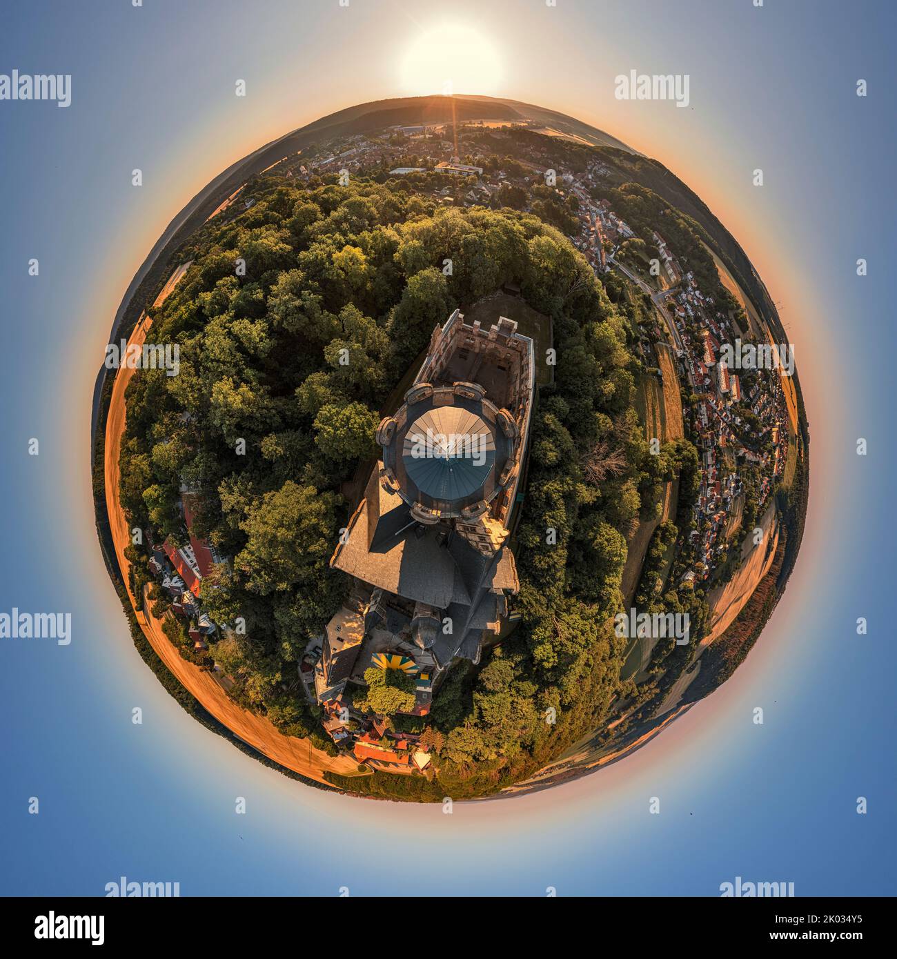 Germany, Thuringia, Kranichfeld, ruin, upper castle, city, Ilmtal, sunrise, top view, partly back light, spherical panorama Stock Photo