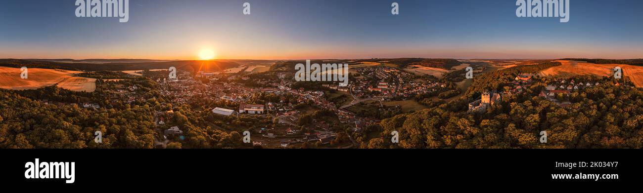 Germany, Thuringia, Kranichfeld, ruin, upper castle, city, forest, mountains, Ilm valley, sunrise, overview, partly backlight, 360° panorama Stock Photo