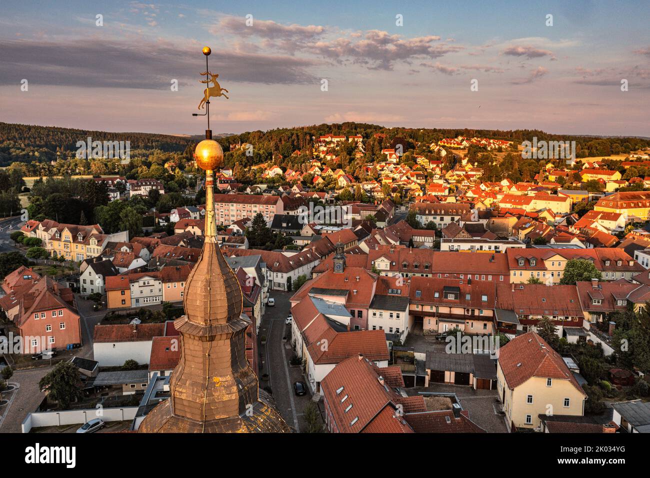 Germany, Thuringia, Bad Berka, church spire, weather vane (jumping deer), city, overview, morning light Stock Photo