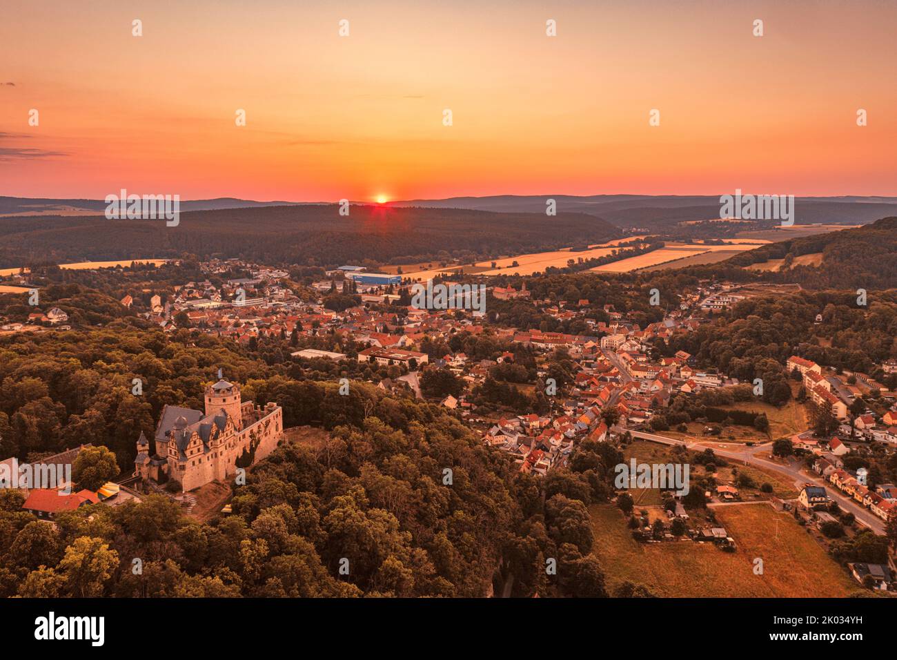 Germany, Thuringia, Kranichfeld, ruin, upper castle, city, sunrise, overview, back light Stock Photo