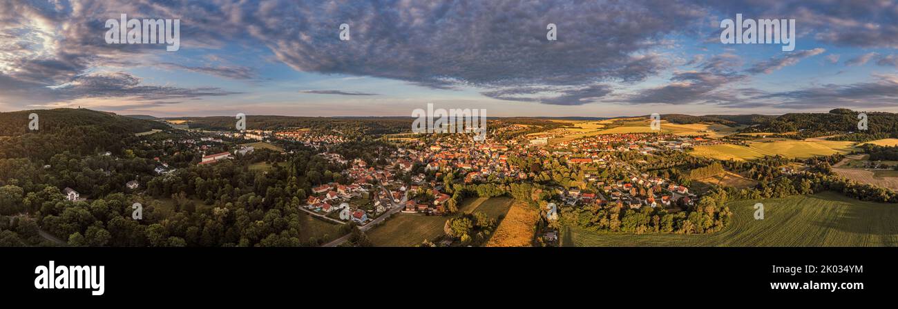 Germany, Thuringia, Bad Berka, city, Paulinenturm (background), overview, morning light, aerial photo, panorama photo Stock Photo