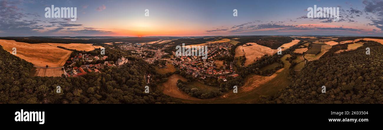 Germany, Thuringia, Kranichfeld, ruin, upper castle, city, forest, mountains, Ilmtal, Stedten (right far in background), sunrise, overview, partly backlight, 360° panorama Stock Photo