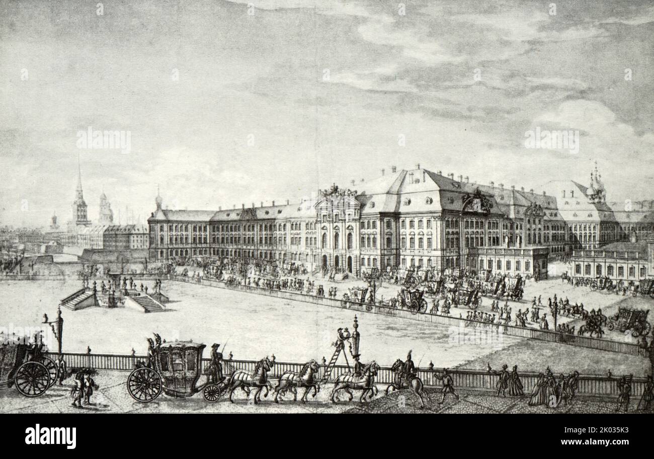 Makhaev M. I. 'Anna Ioannovna's Winter Palace. ' Empress Anna on her return to Saint Petersburg took up residence at the neighbouring Apraksin Palace. In 1732, the Tsaritsa commissioned the architect Francesco Bartolomeo Rastrelli to completely rebuild and extend the Apraksin Palace, incorporating other neighbouring houses. Stock Photo