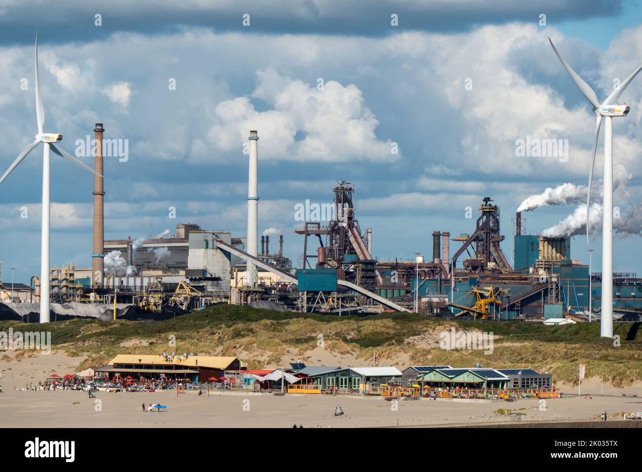 View at steel factory Tata steel and windmills in IJmuiden, Holland Stock Photo