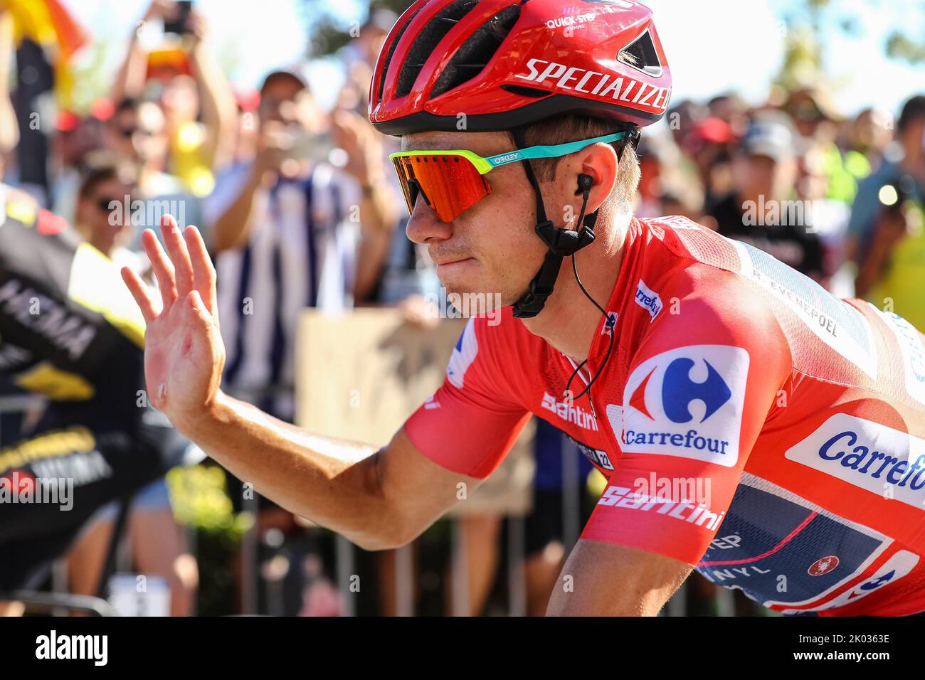 Belgian Remco Evenepoel of Quick-Step Alpha Vinyl pictured after stage 19 of the 2022 edition of the 'Vuelta a Espana', Tour of Spain cycling race, 138,3km with start and finish in Talavera de la Reina, Spain, Friday 09 September 2022. BELGA PHOTO DAVID PINTENS Stock Photo