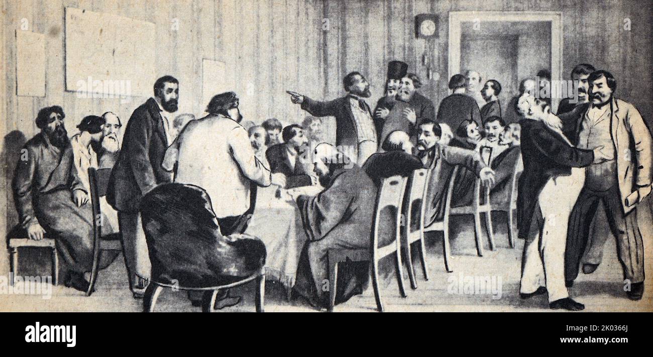 Local assembly in the province. From a drawing by K. Trutovsky. 1869. Stock Photo