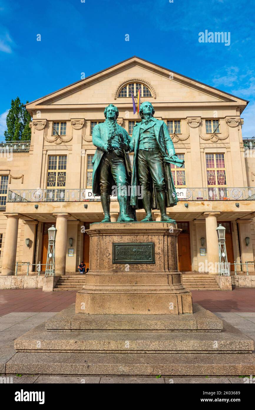 Goethe-Schiller monument in front of the National Theater, Weimar, Thuringia, Germany Stock Photo