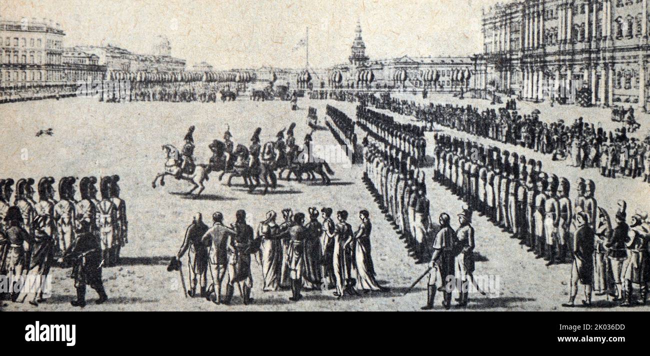 On the parade ground soldiers in St Petersburg, Russia 1812. Stock Photo