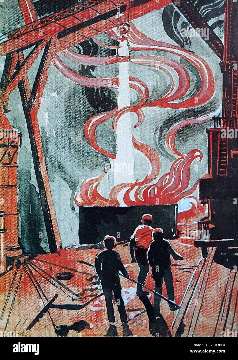Sketch for the panel 'Workshop of a metallurgical plant' for the decoration of Petrograd by November 7, 1918. Stock Photo