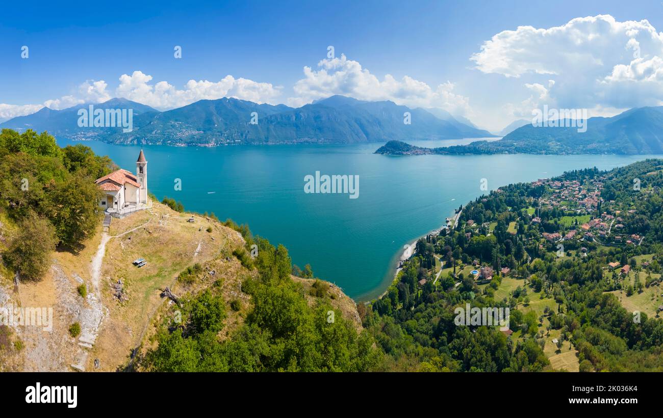 Aerial view of the San Martino church in Griante overlooking Lake Como. Griante, Como district, Lombardy, Italy, Europe. Stock Photo