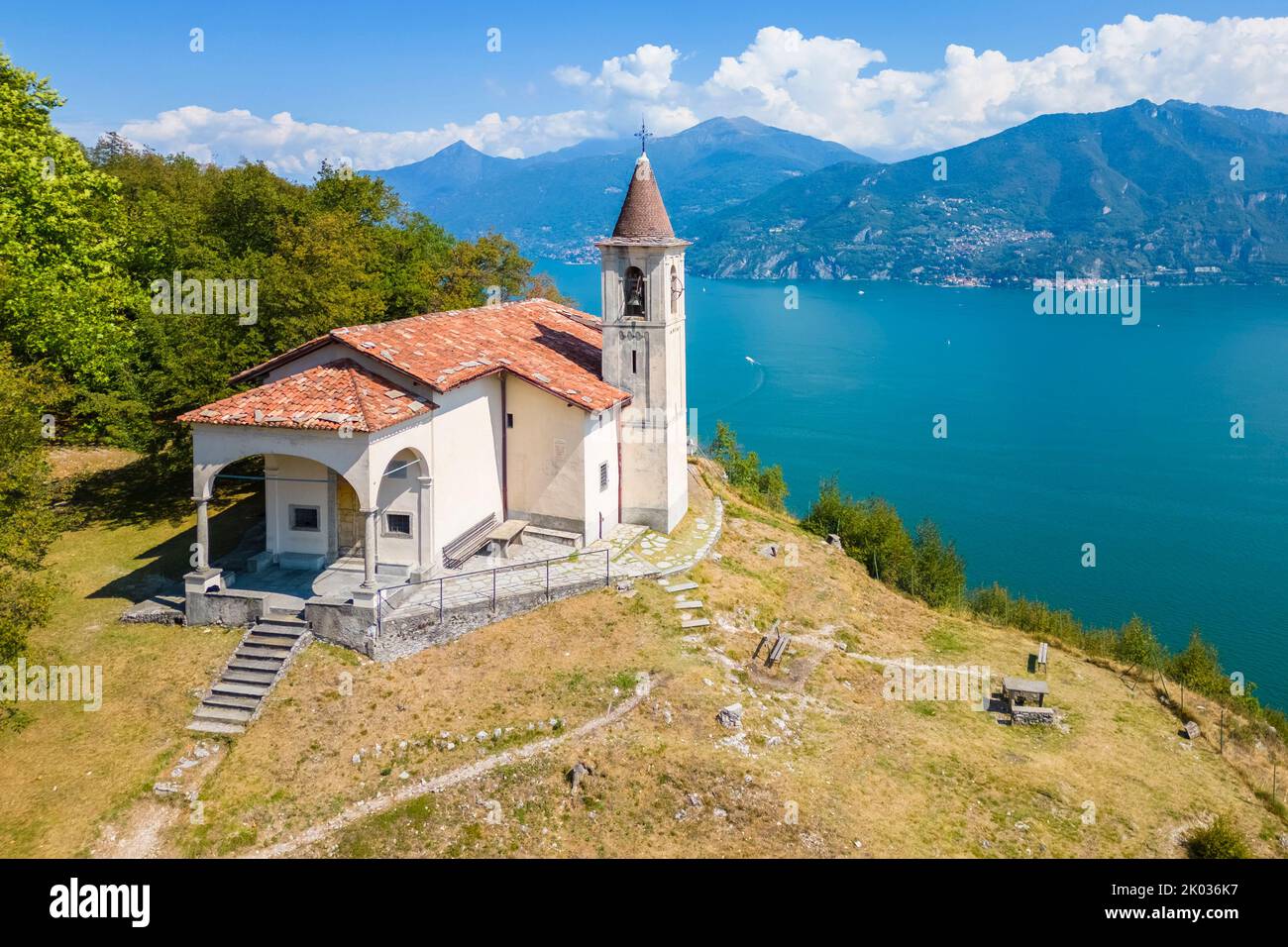 Aerial view of the San Martino church in Griante overlooking Lake Como. Griante, Como district, Lombardy, Italy, Europe. Stock Photo