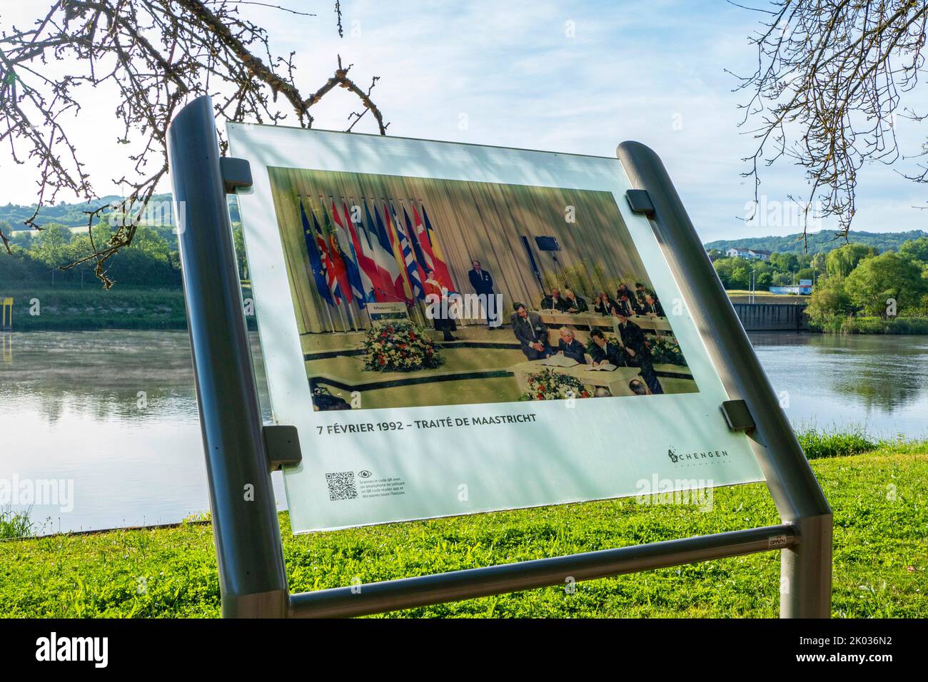 Board at the Museum of Europe, Schengen, Benelux, Benelux countries, Remich canton, Luxembourg Stock Photo