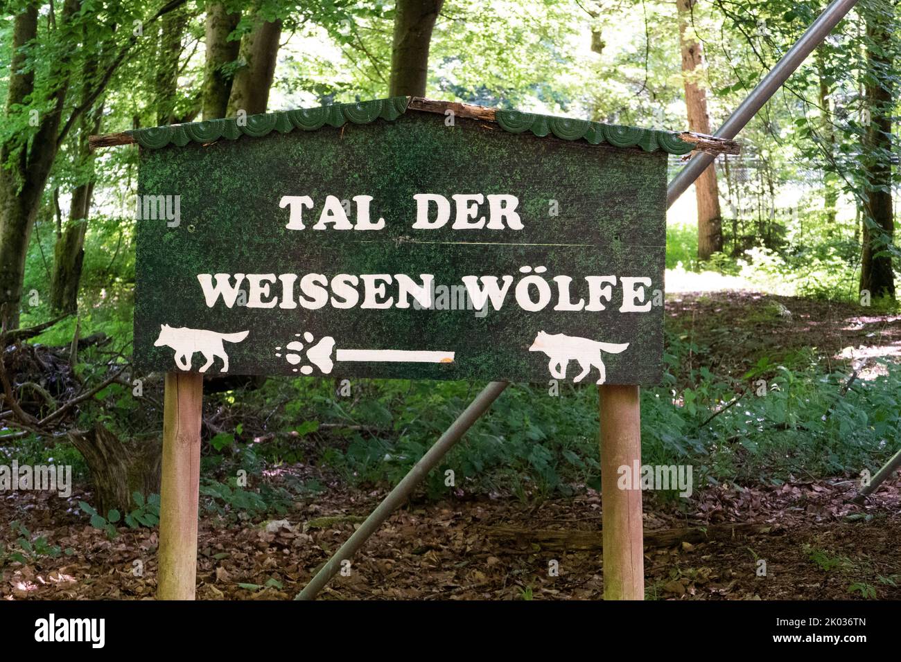 Sign in Wolf Park Werner Freund, Merzig, Saar, Saarland, Germany Stock Photo