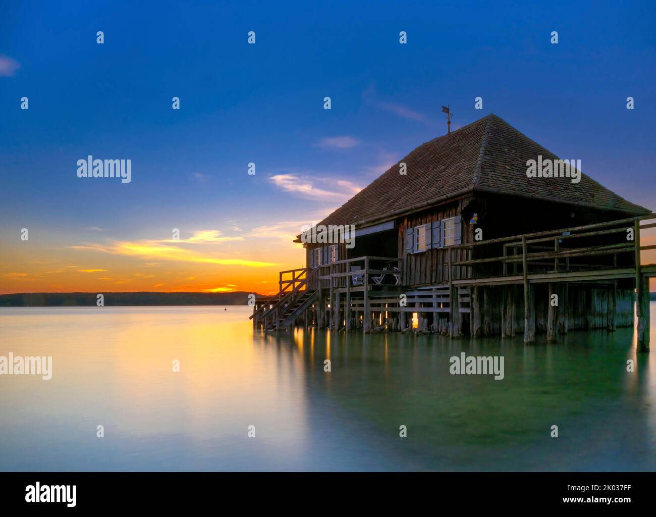 Boathouse at dusk, Buch am Ammersee, Fünfseenland, Upper Bavaria, Bavaria, Germany, Europe Stock Photo