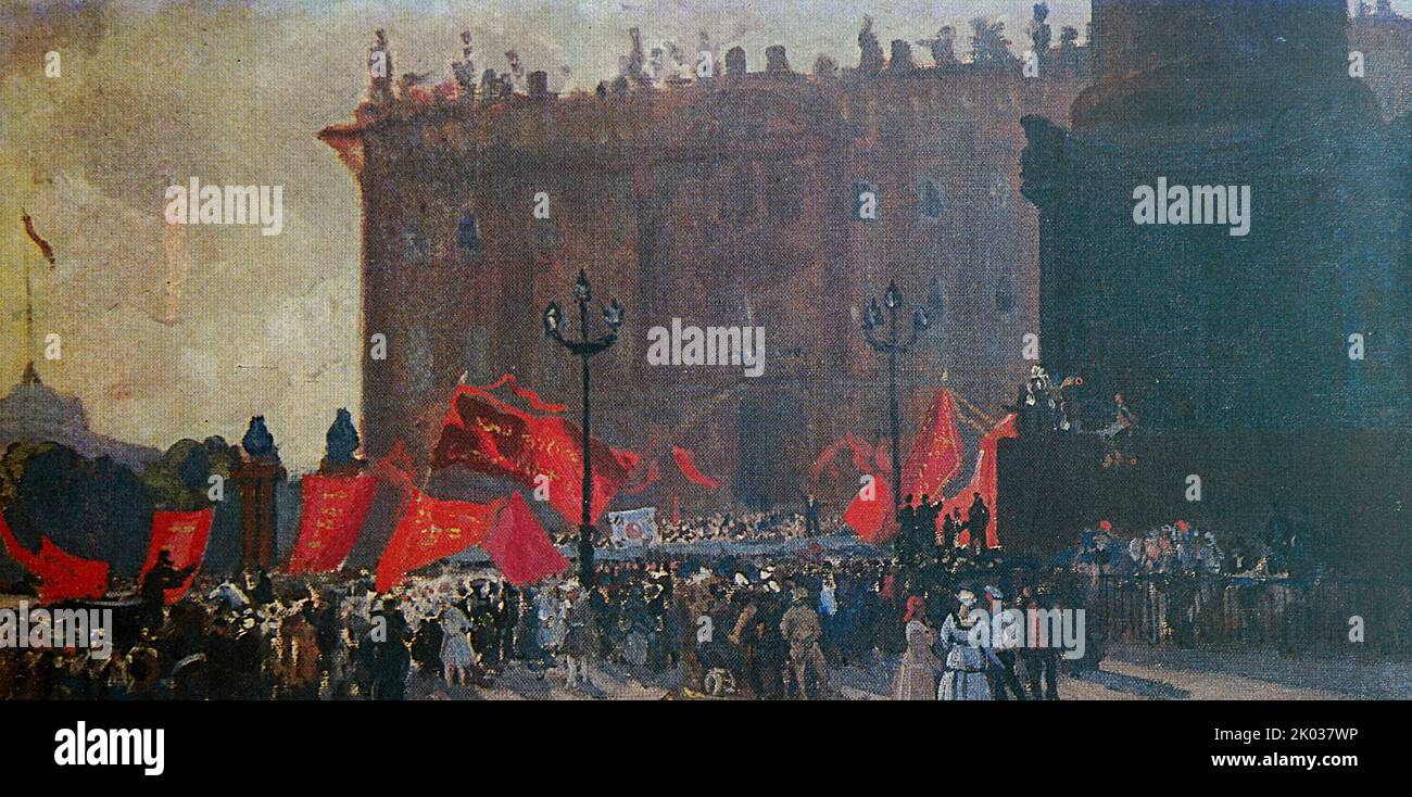 B. M. Kustodiev. Celebration in honor of the Second Congress of the Comintern. On Uritsky Square. 1921. Stock Photo