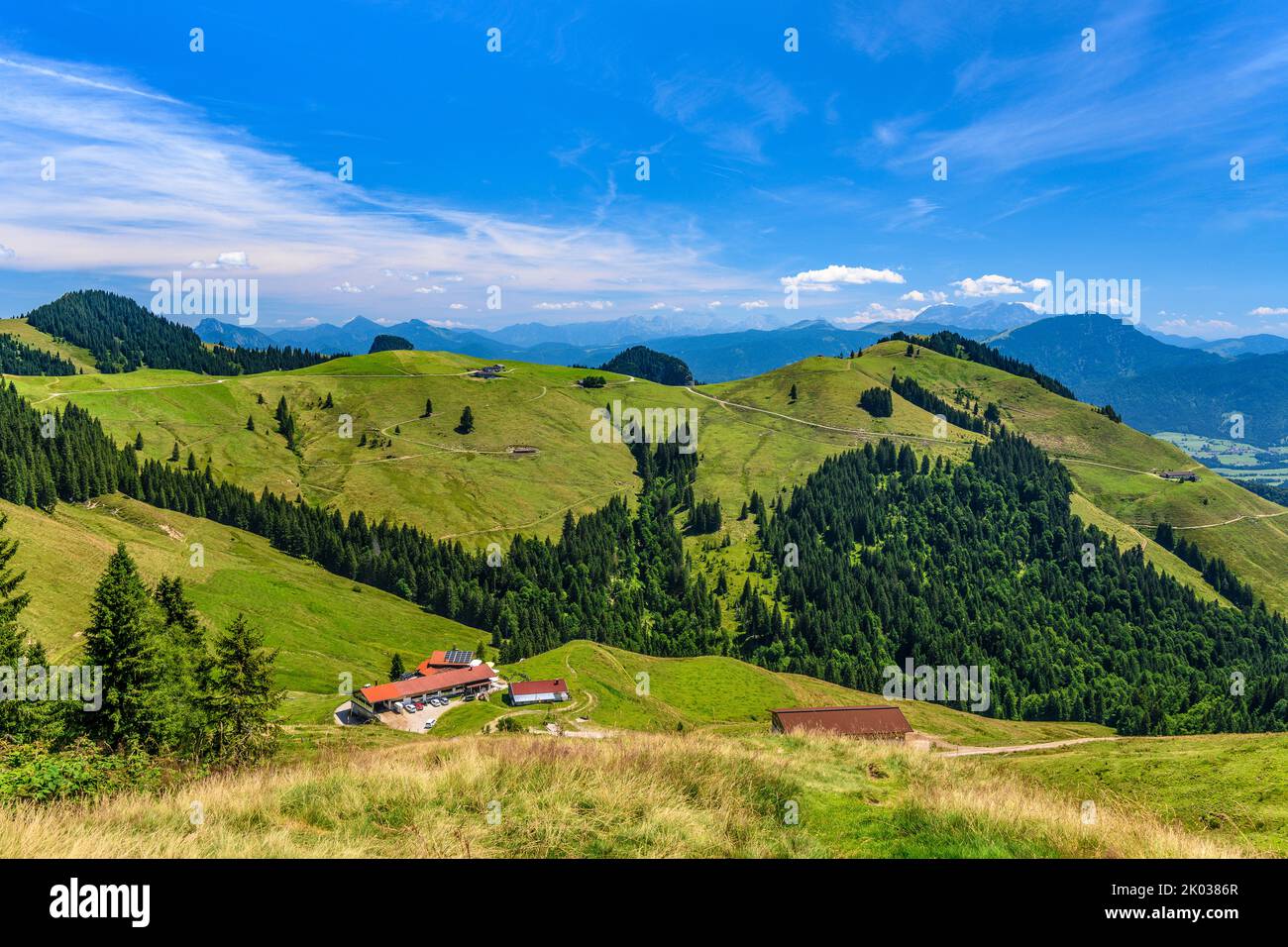 Austria, Tirol, Kaiserwinkl, Rettenschöss, Feistenau, Burgeralm and Lochner Horn, view from Wandberg Stock Photo