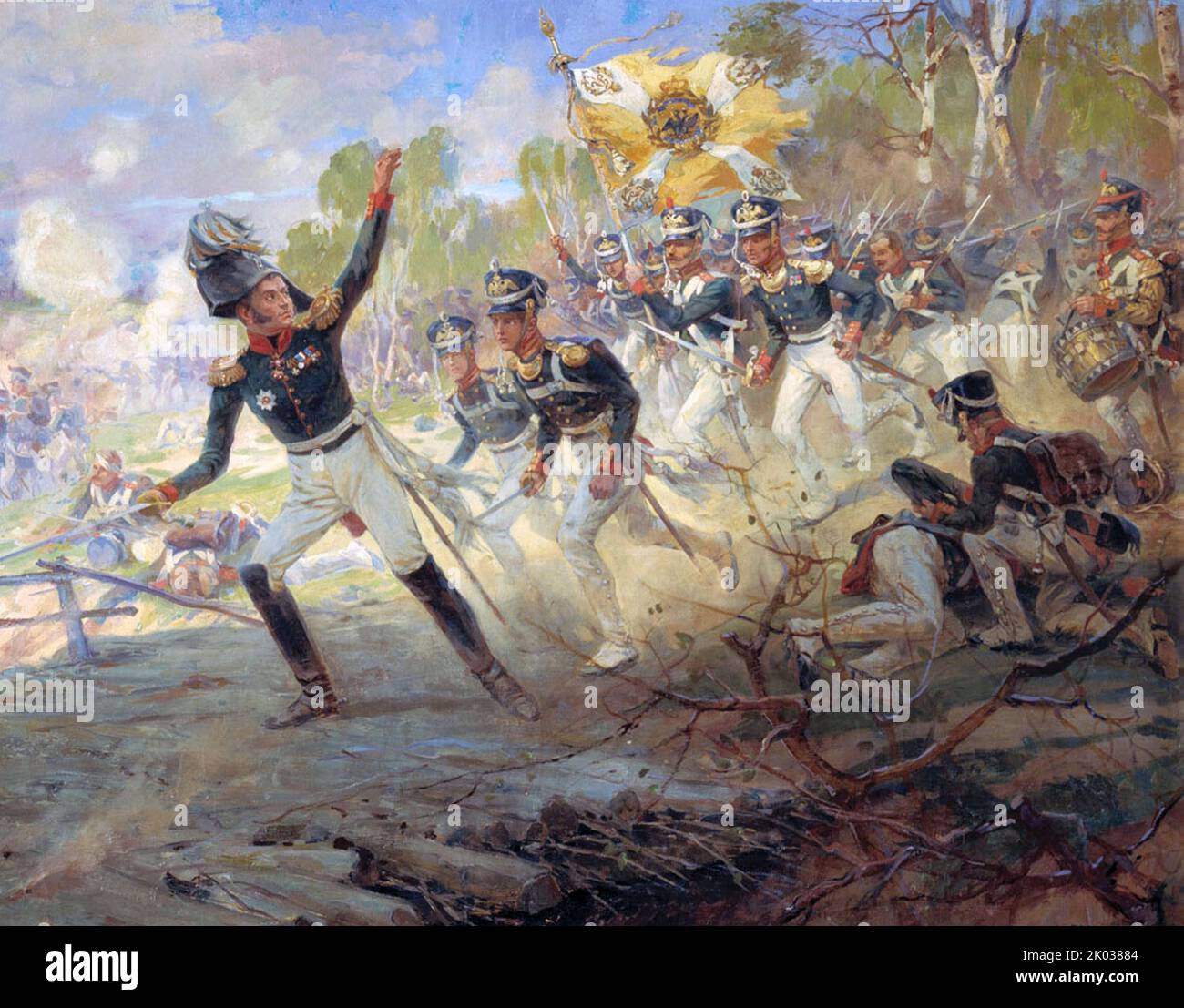 General Rayevski leading his men into combat at the battle of Saltanovka. 1812. Stock Photo