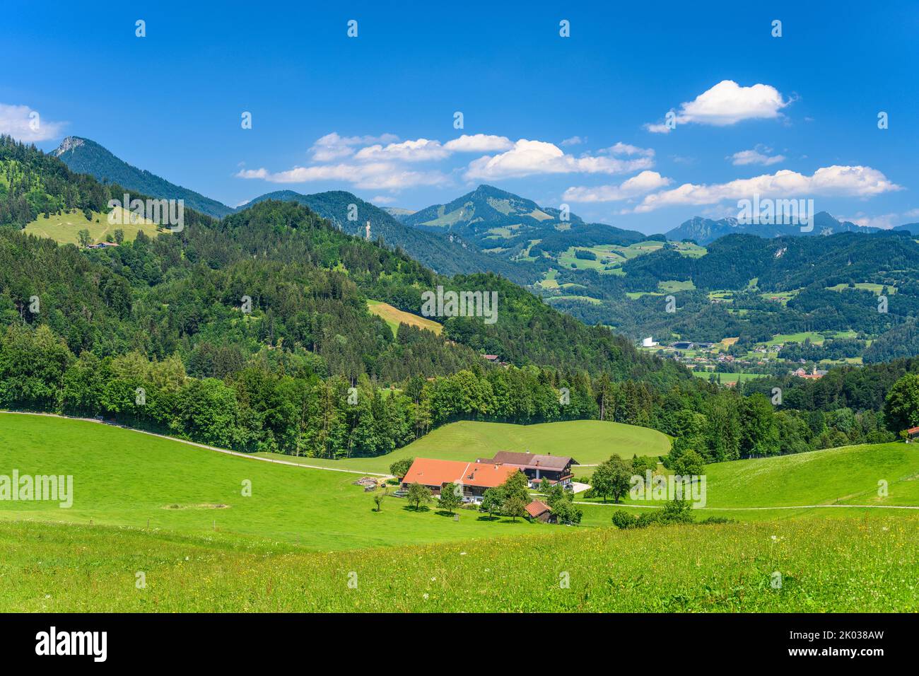 Germany, Bavaria, county Rosenheim, Oberaudorf, Zimmerau, view over Inntal valley against Chiemgau Alps Stock Photo