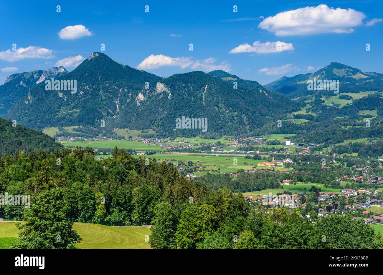 Germany, Bavaria, county Rosenheim, Oberaudorf, view from Hocheck chair lift over Inn valley against Chiemgau Alps Stock Photo