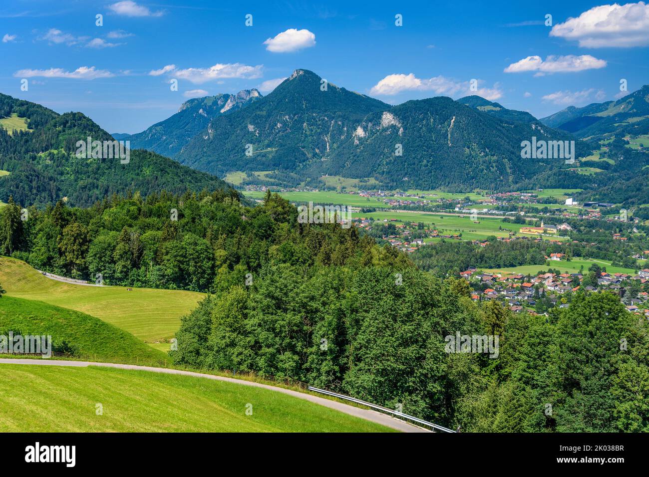 Germany, Bavaria, county Rosenheim, Oberaudorf, view from Hocheck chair lift over Inn valley against Chiemgau Alps Stock Photo