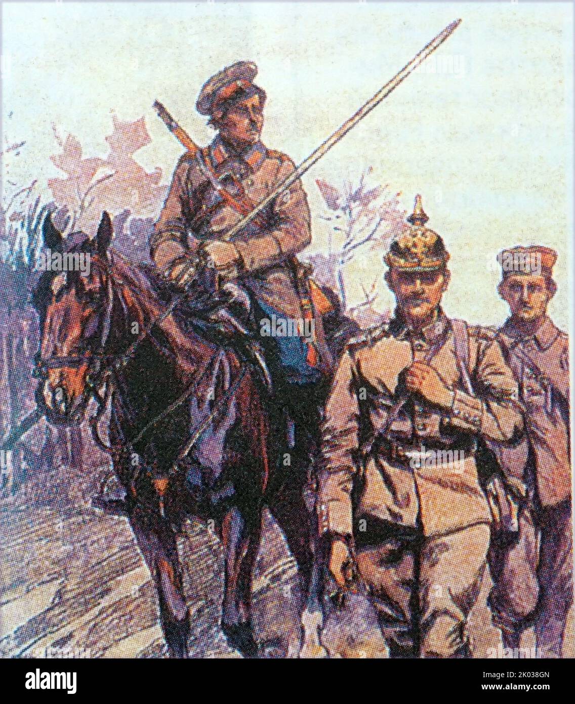 German prisoner of war (front), World War I; escorted by Russian soldiers. Artist N. Samokish. Stock Photo