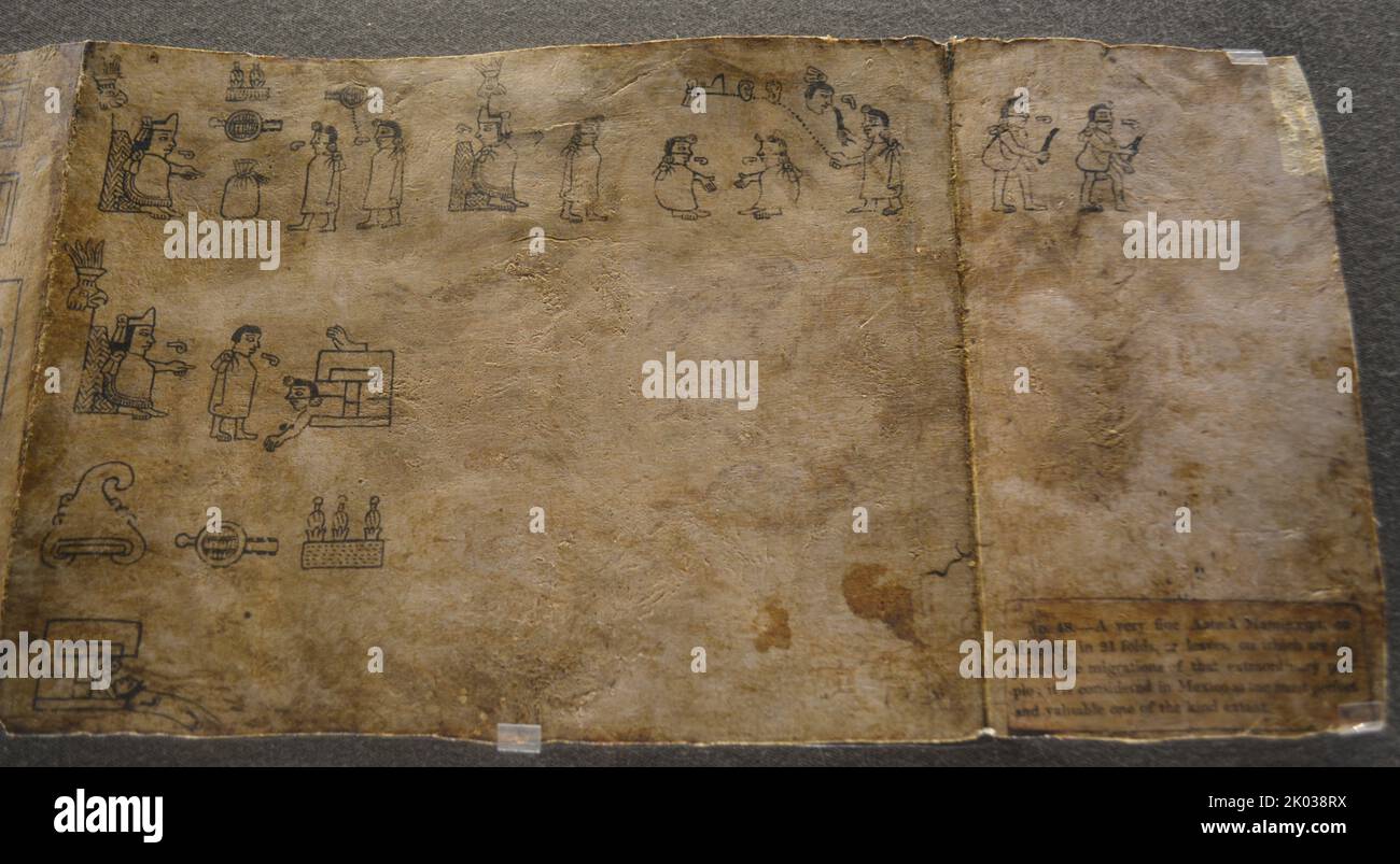 Facsimile of the Boturini Codex in Amate Paper. Tira de la Peregrinacion de los aztecas. Artisan work  of the Boturini Codex. Stock Photo