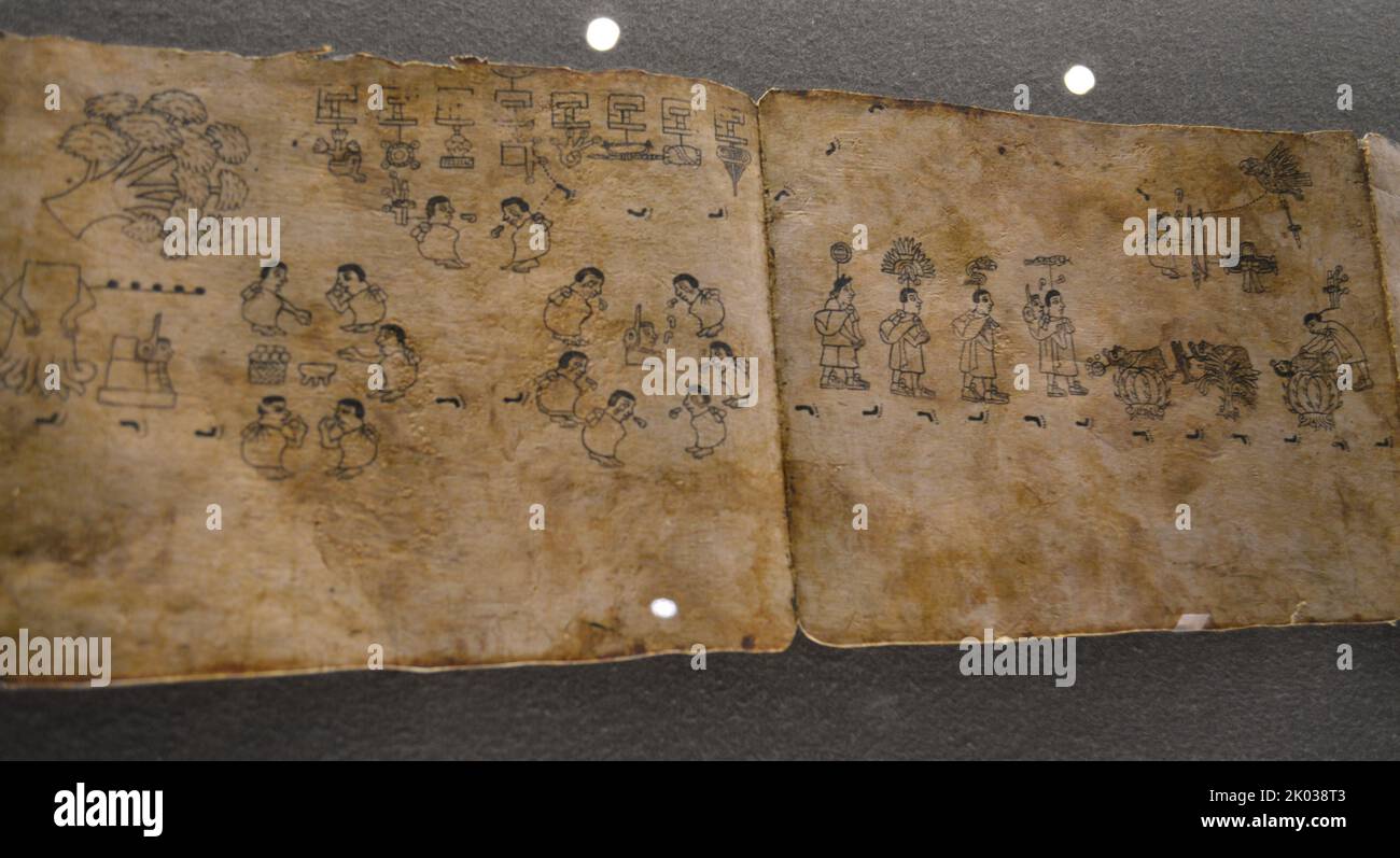 Pages/Folio 3 & 4. Facsimile of the Boturini Codex in Amate Paper. Tira de la Peregrinacion de los aztecas. Artisan work  of the Boturini Codex. Stock Photo
