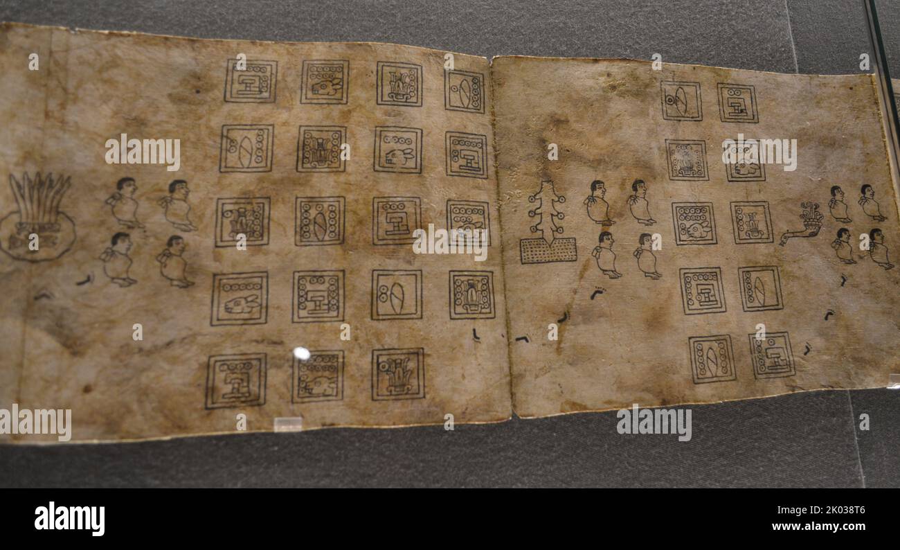 Facsimile of the Boturini Codex in Amate Paper. Tira de la Peregrinacion de los aztecas. Artisan work  of the Boturini Codex. Stock Photo