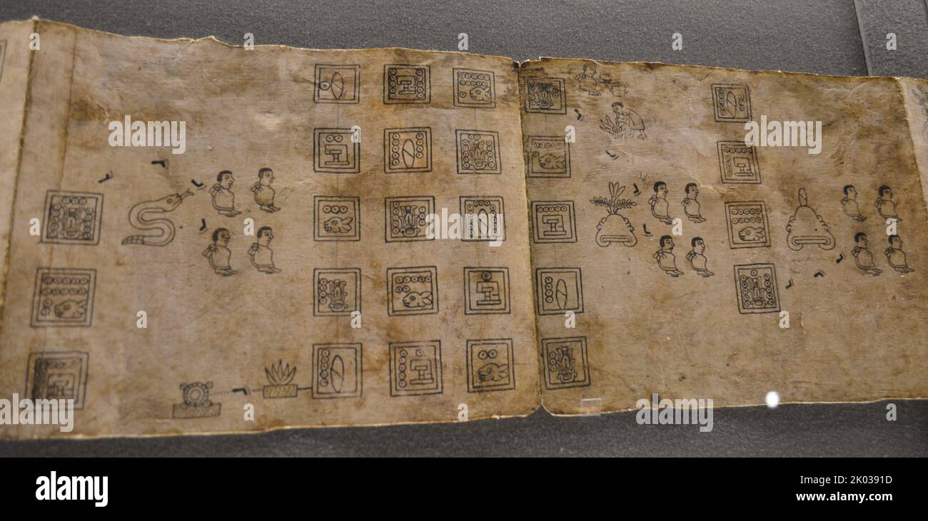 Page or Folio 13. Facsimile of the Boturini Codex in Amate Paper. Tira de la Peregrinacion de los aztecas. Artisan work  of the Boturini Codex. Stock Photo
